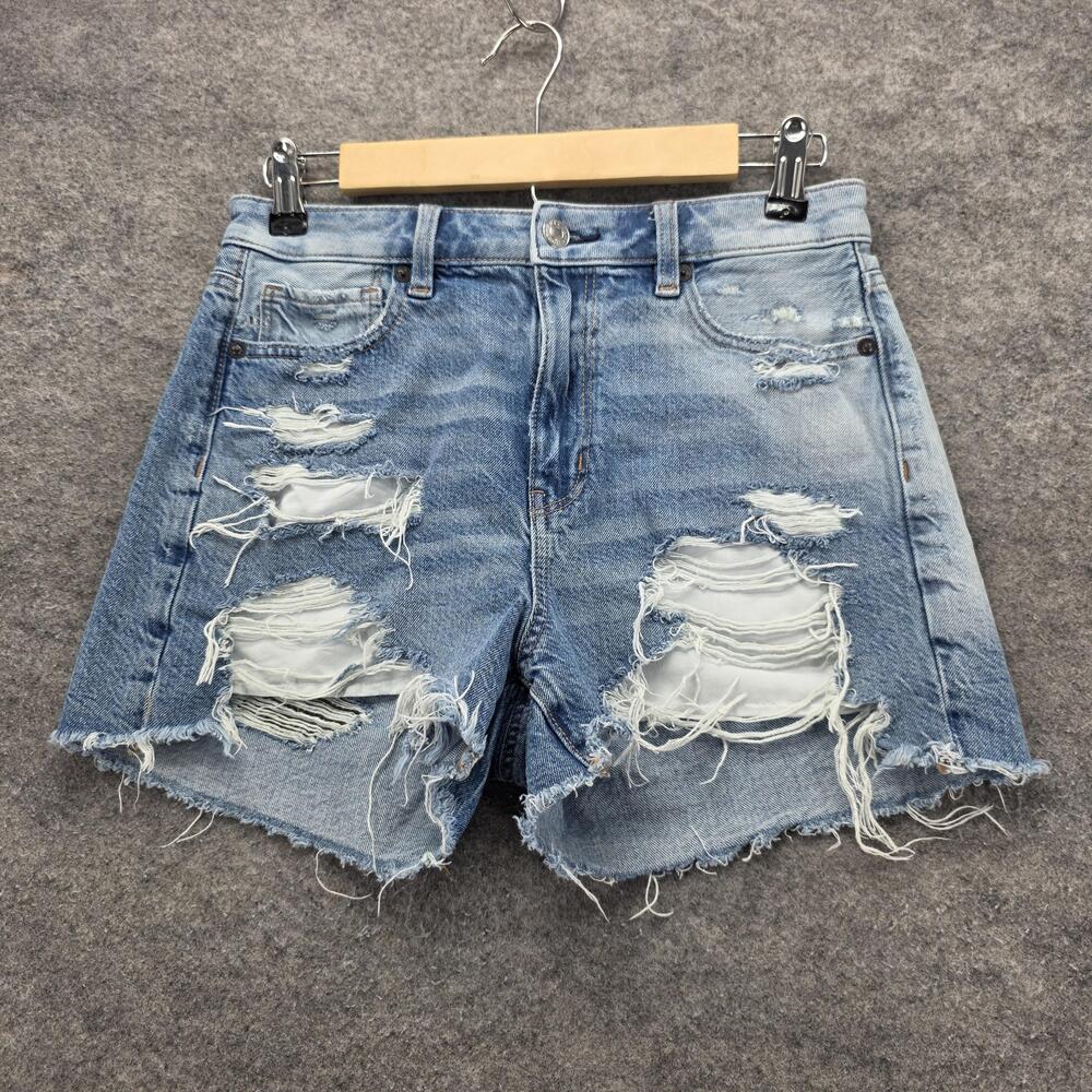 American Eagle Mom Short Womens 2 Blue Denim Distressed Ripped Raw Hem Shorts